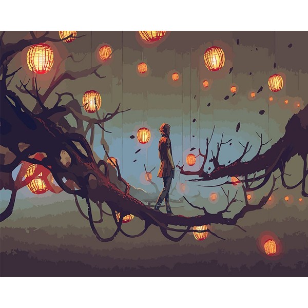 Walking on tree branch with red lantern Painting By Numbers UK