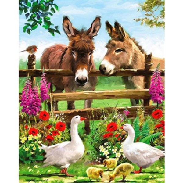 Two donkeys, two geese and three goslings Painting By Numbers UK