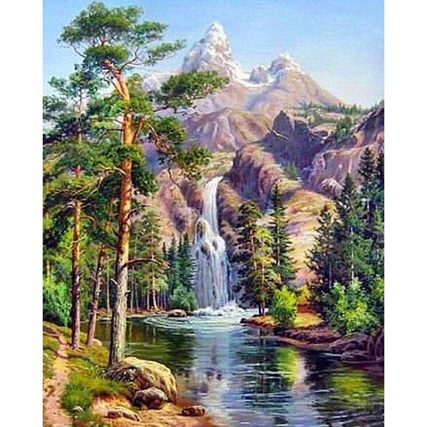  Mountains, running water and waterfall Painting By Numbers UK