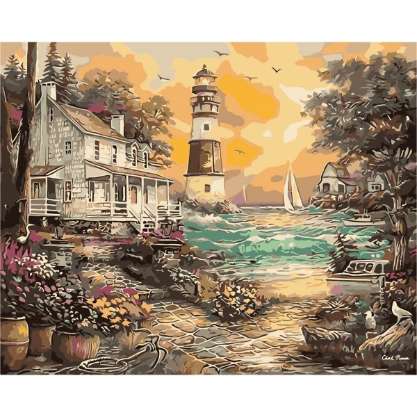 Beach house and lighthouse Painting By Numbers UK
