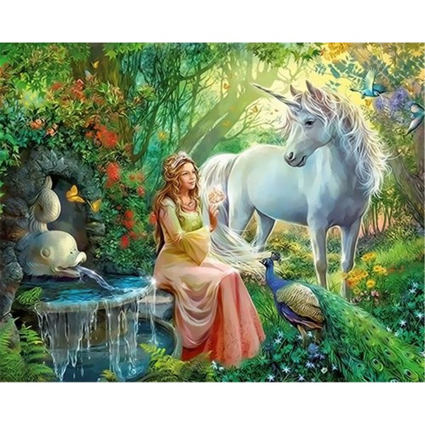 Beautiful girl, unicorn and peacock Painting By Numbers UK