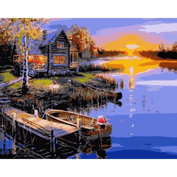  Country house and boat in the sunset Painting By Numbers UK