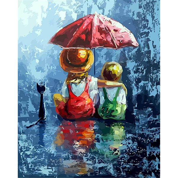 Two children and a kitten on a rainy day Painting By Numbers UK