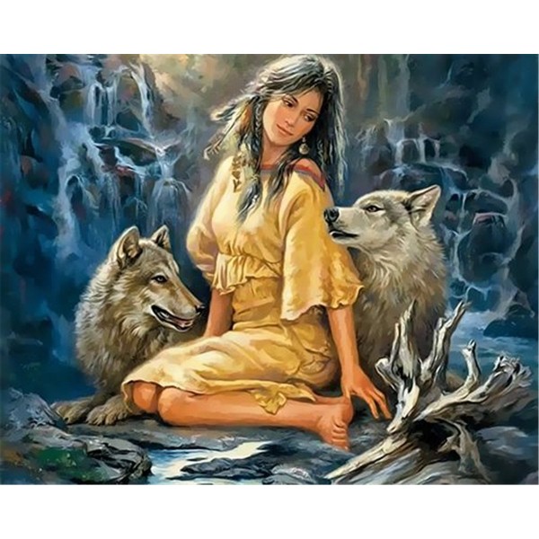 Beautiful woman and gray wolves Painting By Numbers UK