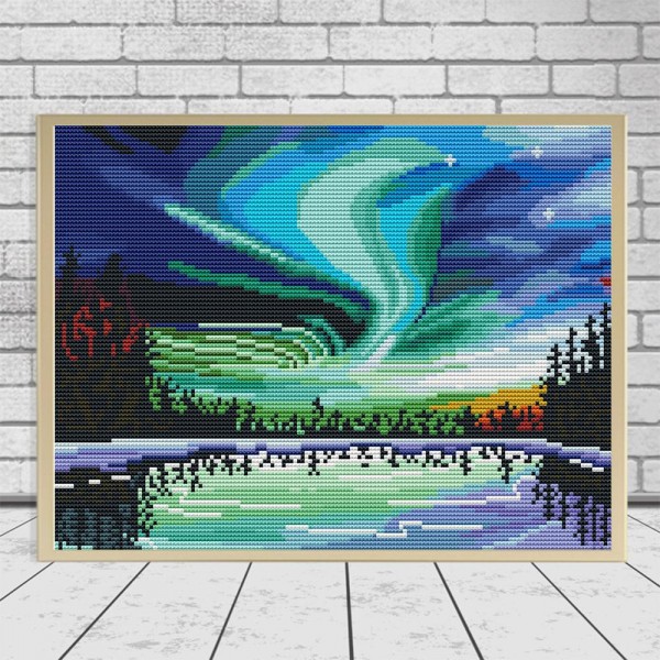 14ct Full cross stitch | Lake and Aurora（30x40cm） Painting By Numbers UK