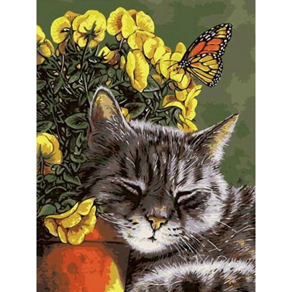 Cat sleeping by flowerpot-- 40*50cm Painting By Numbers UK