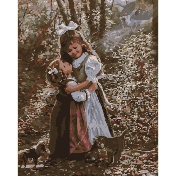 Two little girls walking the dog Painting By Numbers UK