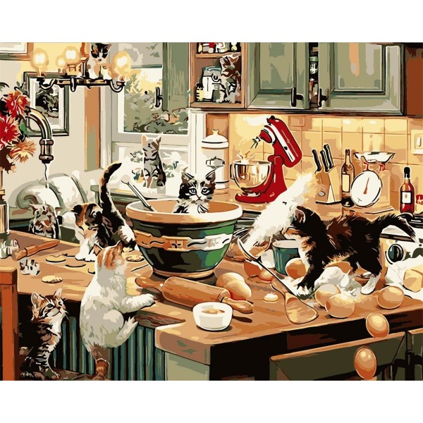 Cats trick or treat in the kitchen Painting By Numbers UK