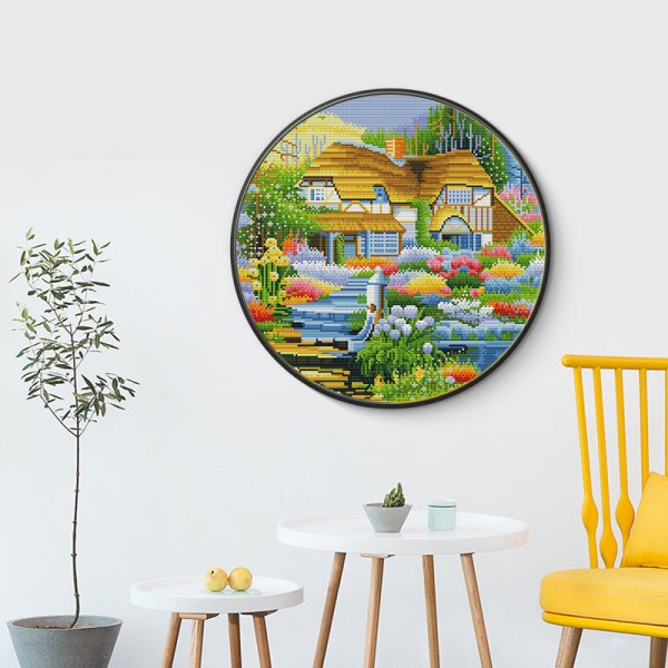 11ct Full cross stitch | Landscape Round Cross Stitch（36x36cm） Painting By Numbers UK