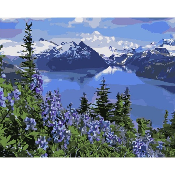 Flowers, trees, lake and mountains Painting By Numbers UK