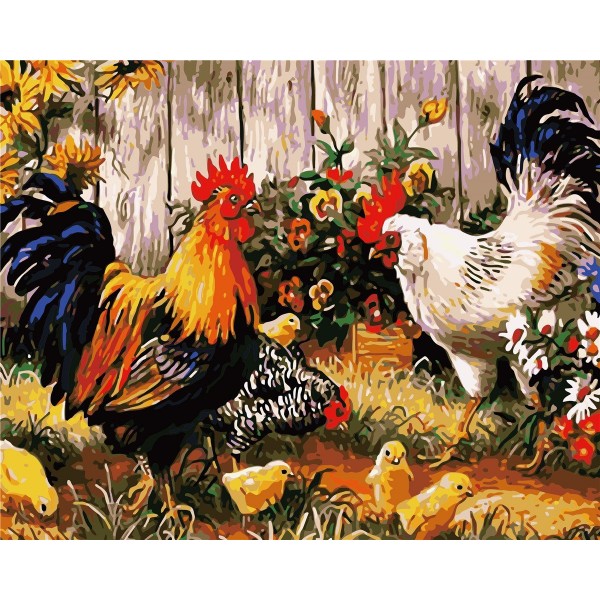 Rooster hen and chicks Painting By Numbers UK