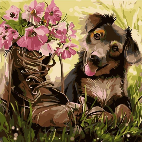Funny puppy and shoes with flowers Painting By Numbers UK