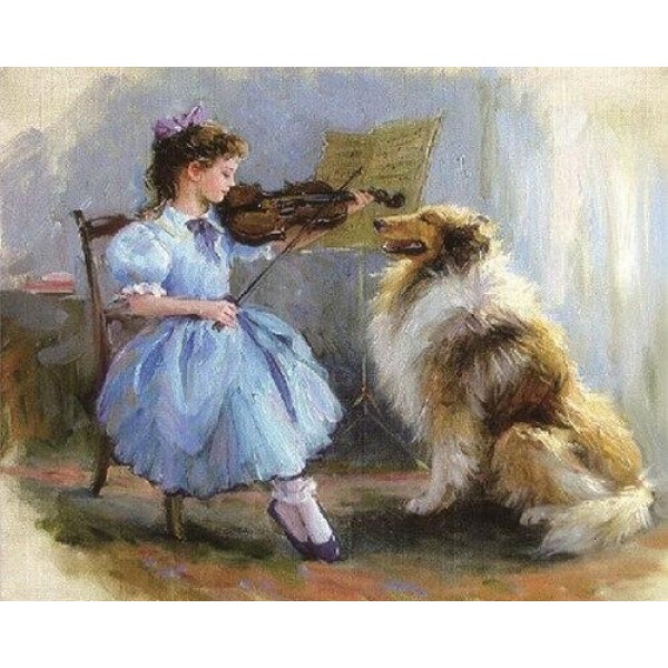 Girl Plays Violin For a Dog (40X50cm) Painting By Numbers UK