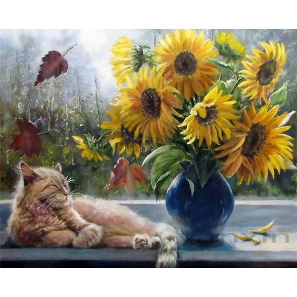 Flowers and a cat Painting By Numbers UK