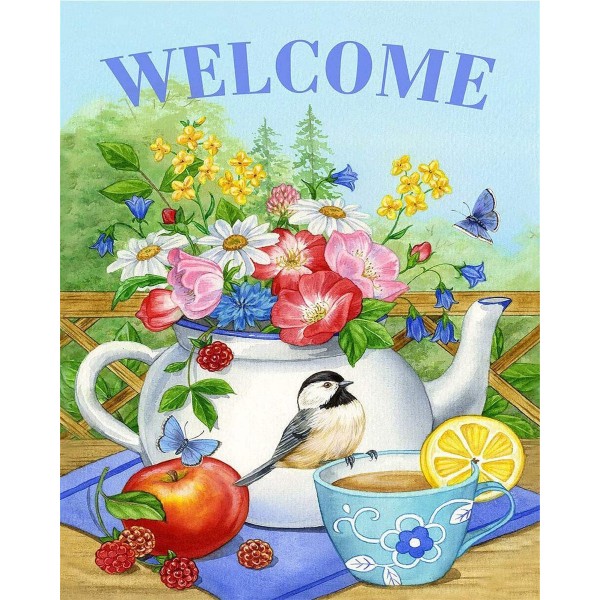 Flowers in the kettle, bird on the teacup Painting By Numbers UK