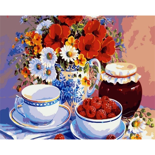 Flowers and wild strawberries in a bowl Painting By Numbers UK