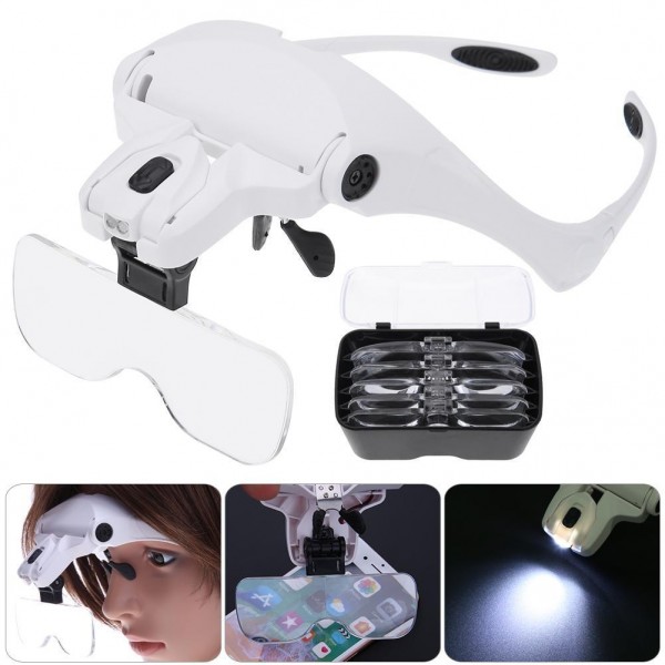 Adjustable Lens Wearing Type Glasses Magnifier Loupe Kit with LED Lights Tool Painting By Numbers UK