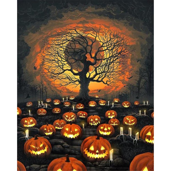 Dead tree and pumpkin lanterns Painting By Numbers UK