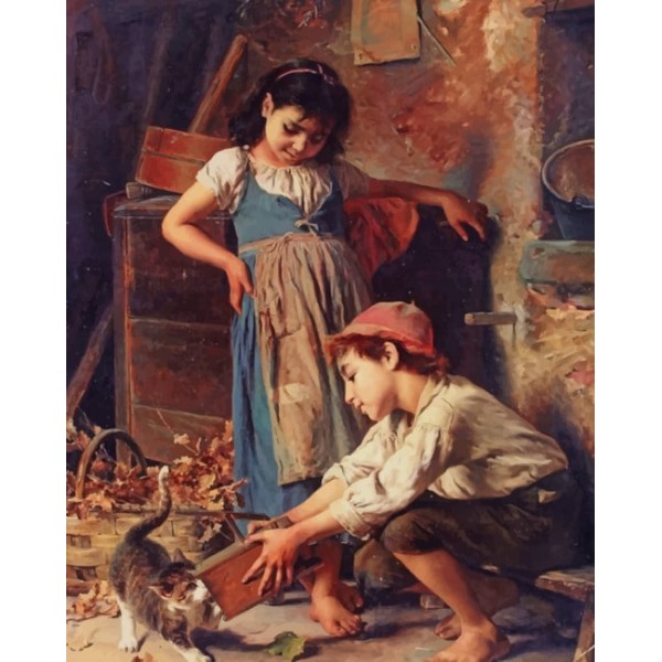 Siblings Playing With Their Cat  (40X50cm) Painting By Numbers UK