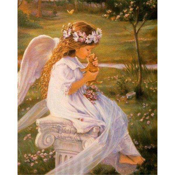 Kiss of little white yarn angel sitting on stone bench Painting By Numbers UK