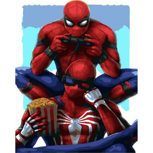 Two Spider-Man are playing games and eating popcorn Painting By Numbers UK