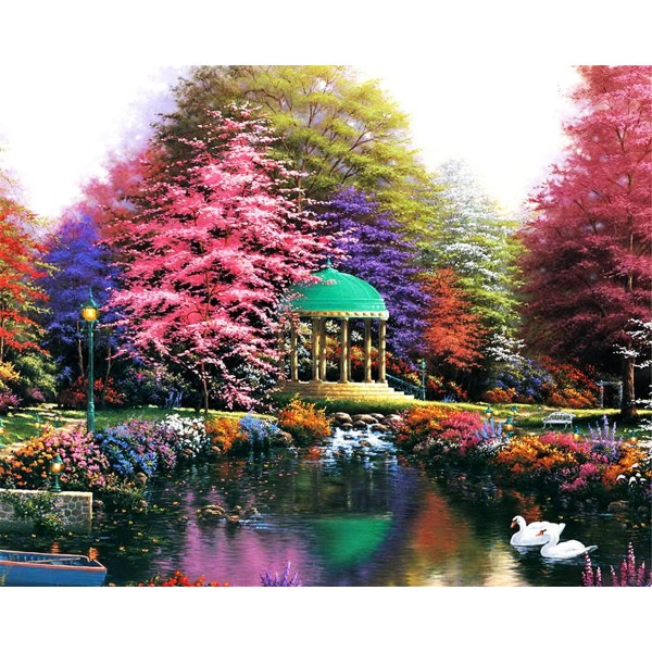 Colorful tree, lake, pavilion and swan Painting By Numbers UK